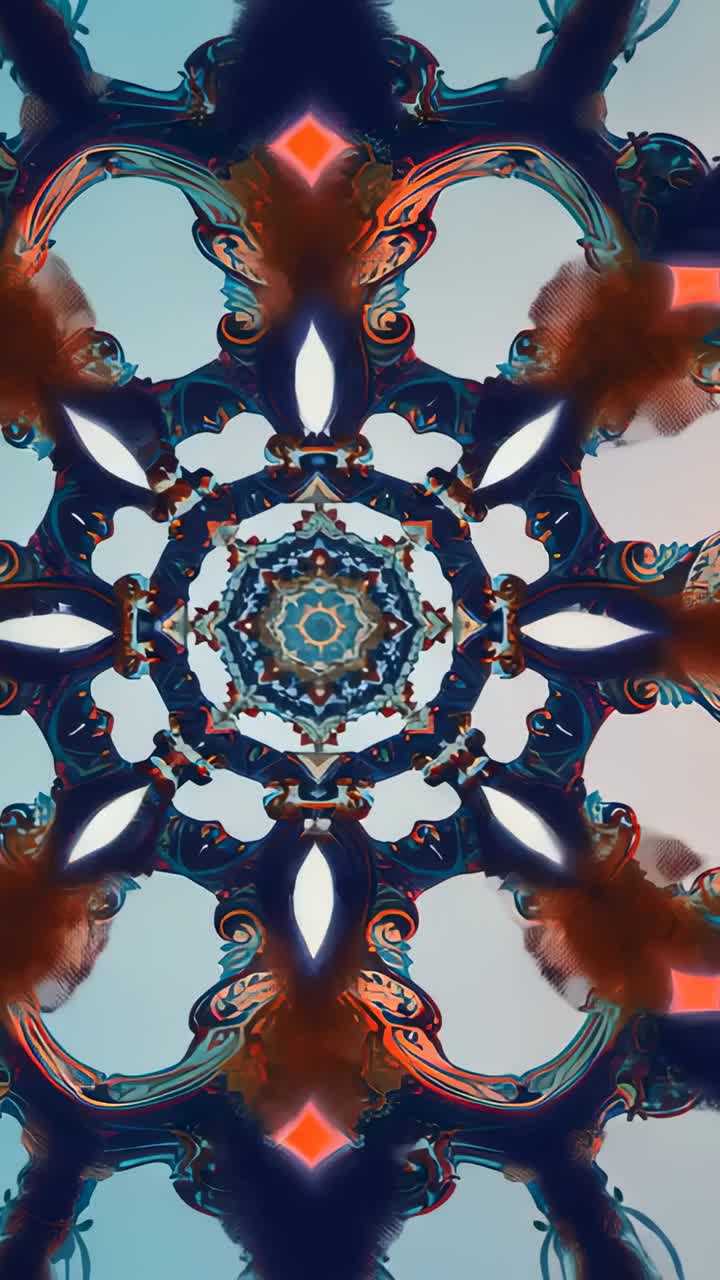 Vertical video: Pressing play mandala morphing at blue backdrop to reveal motifs, with star core