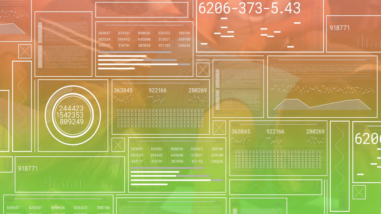 Tech designer analyzing clear data panels over grassy field showcasing animated charts and metrics