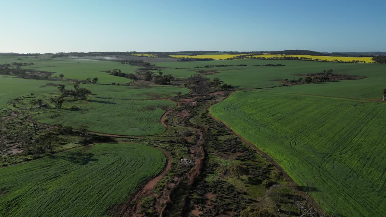 volando sobre el río secado de barro con orilla verde en australia occidental