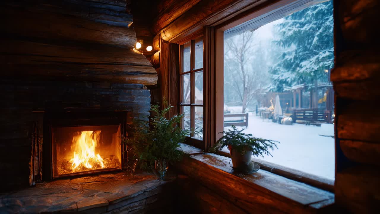 Cozy Interior of a Rustic Cabin Featuring a Warm Fireplace, Inviting Natural Elements, and a Beautiful Winter Wonderland Outside the Window, Perfect for a Peaceful Retreat Amidst Snowfall