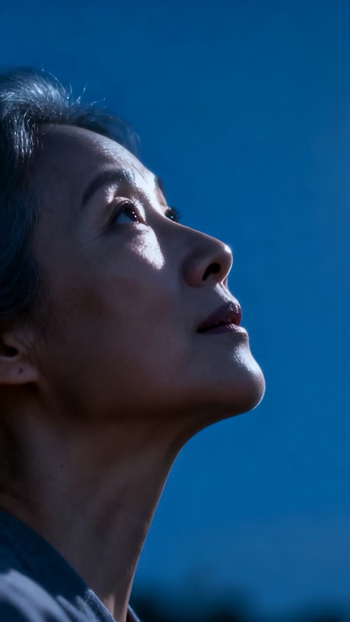 Vertical video: Frames starting showing senior tilting under dusk sky, cool light casting on collar