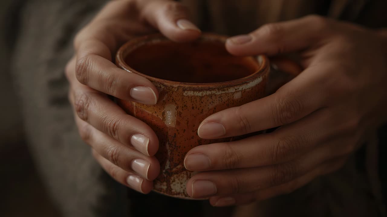 Una coppia di mani che crea una coppa iniziando un leggero spostamento e presentando una tazza marrone in una stanza calda, con manica scura