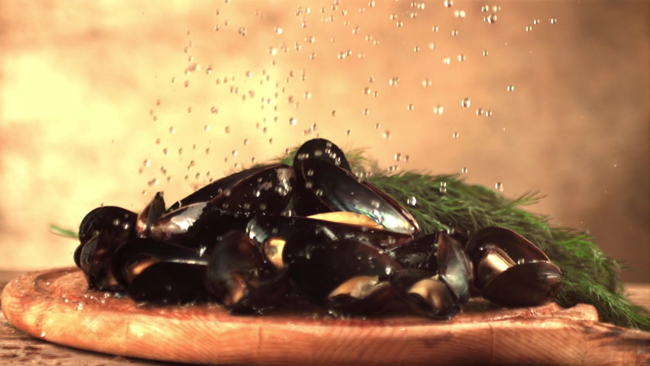 Zeitlupen-Wassertropfen fallen auf frische Muscheln und Dill