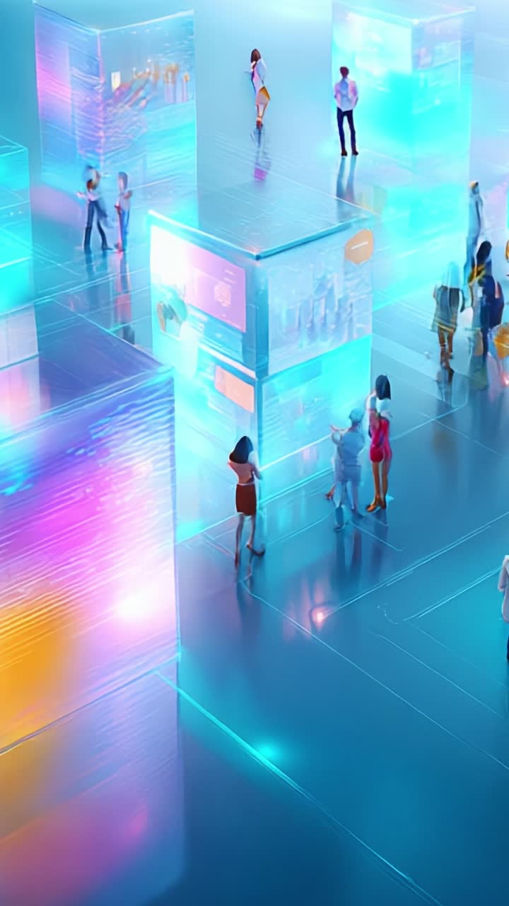 Exploring a Vibrant Digital Space: People Engaging with Interactive Displays in an Enhanced Reality Environment Featuring Colorful Reflections and Futuristic Design