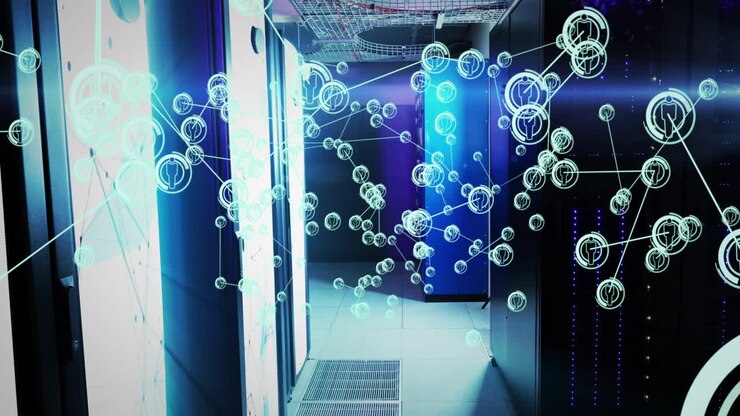 Animation of netwrok of connections with people icons and data processing over computer servers