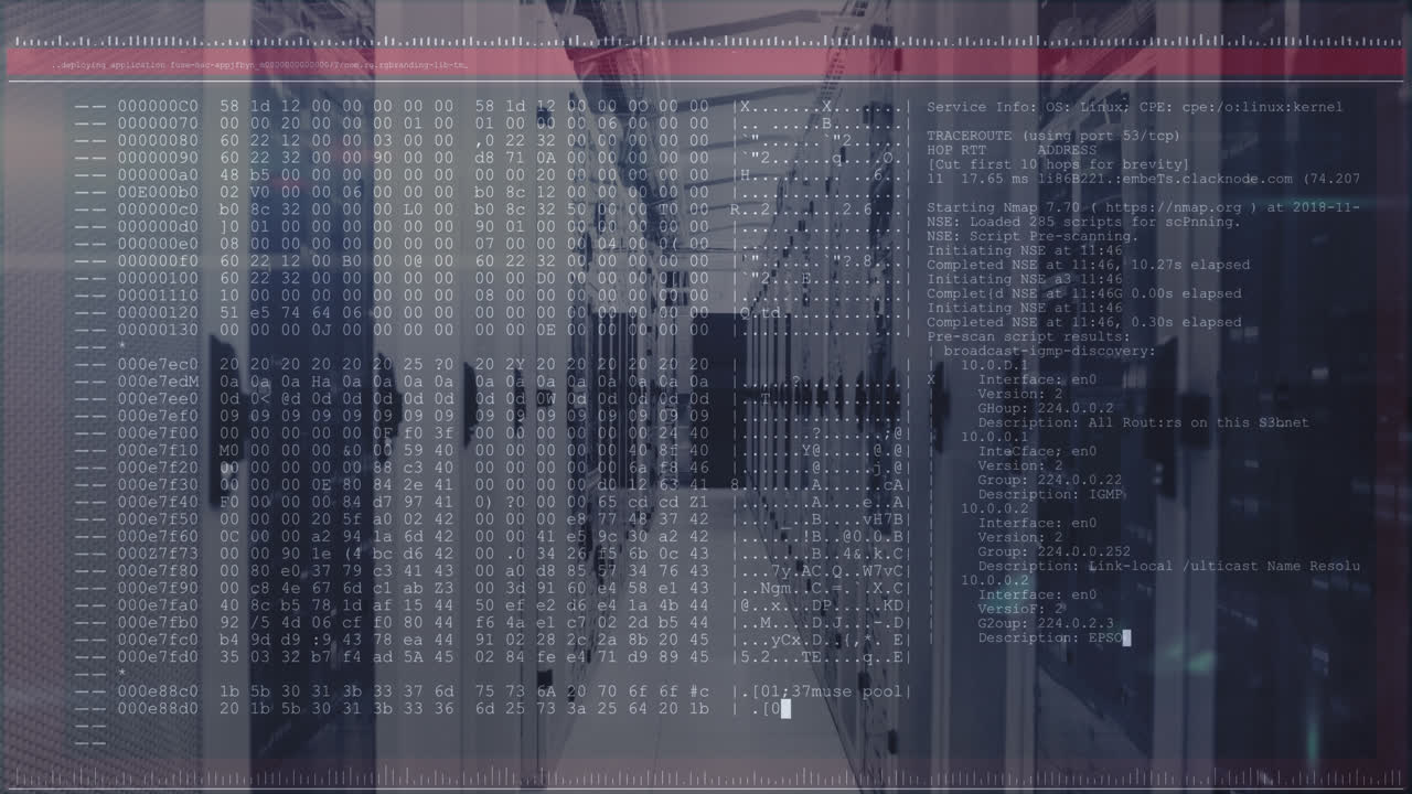 Animation of data processing on computer screen tech room with computer servers
