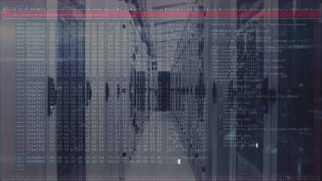 animation of data processing on computer screen tech room with computer servers