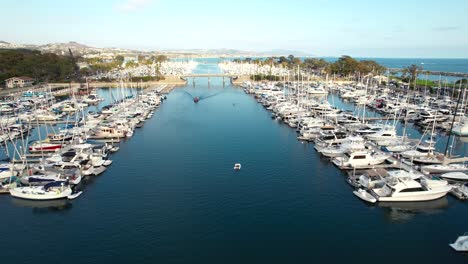 dana point marina of luxury boats moored, aerial drone view during the day, california