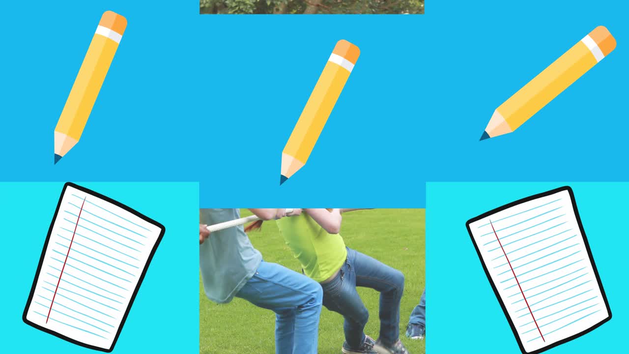Animación de iconos de cuadernos y lápices escolares sobre niños tirando de una cuerda y cuadrados azules