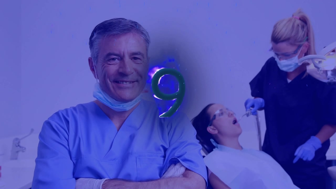 Animation of pattern and purple tint over patient in dentist chair and dentists