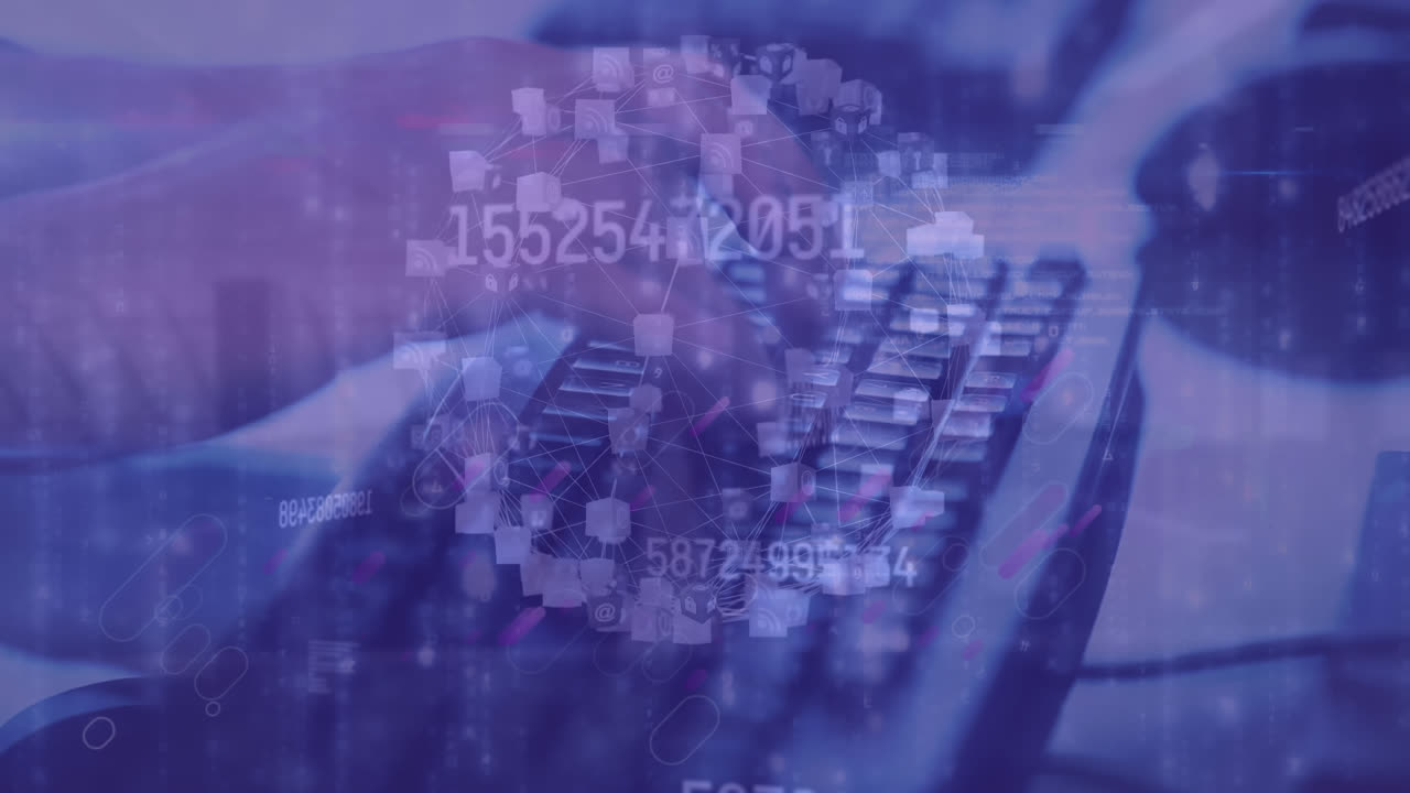animazione della rete di connessioni su persona che utilizza la tastiera su sfondo viola