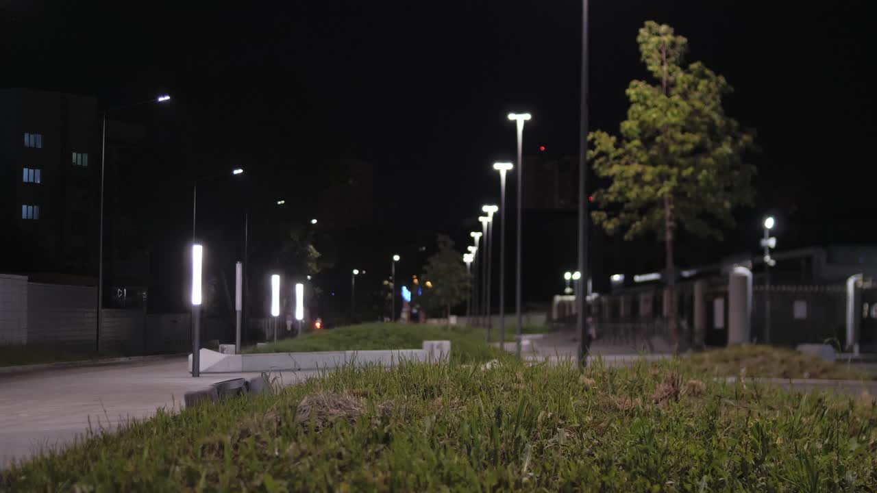 calle de la ciudad nocturna con postes de luz y área de hierba