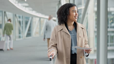 airport, travel and business woman with ticket
