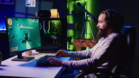 man playing entertaining videogame with online friends, flying spaceship through galaxy together