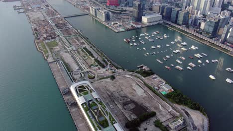 hong kong kowloon bay area with city skyscrapers, aerial view