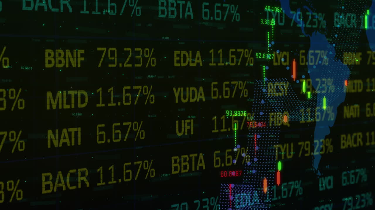 animación de estadísticas y números, procesamiento de datos financieros sobre el mapa del mundo