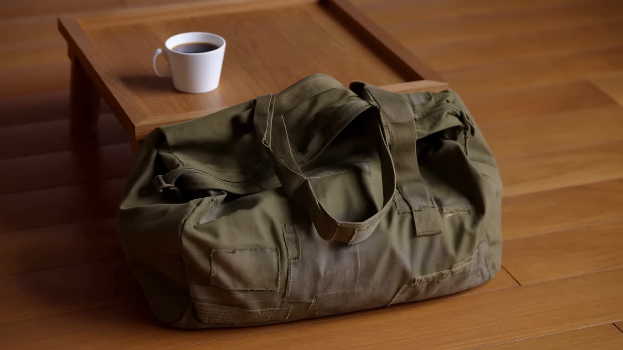 木製の床に置かれたオリーブ色のダッフルバッグ、コーヒーカップが載った低いテーブルの隣、暖かくムーディーな照明、キャンバス地の質感。
