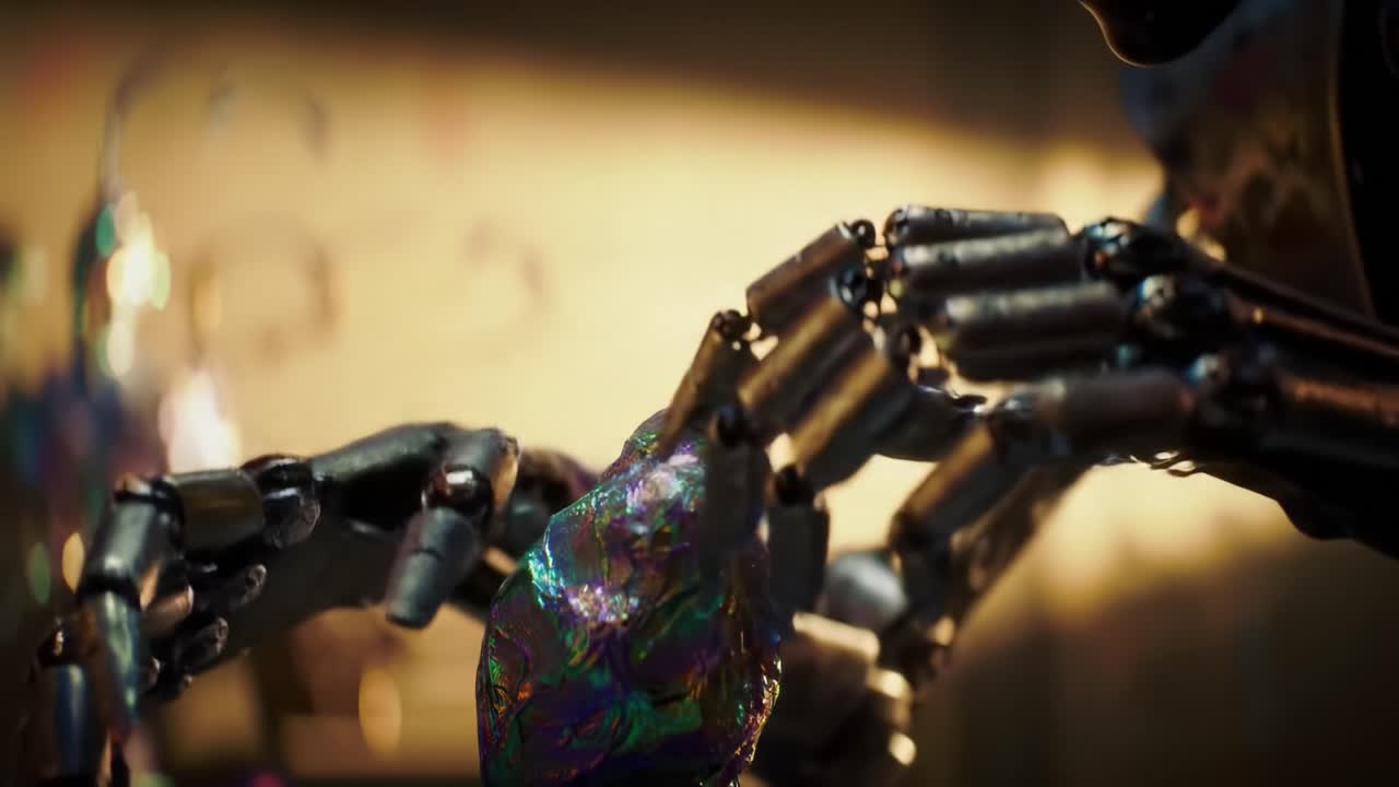 Intricate Robotic Hands Manipulating Colorful Iridescent Object in a Modern Futuristic Setting, Showcasing Advanced Technology and Precision Craftsmanship