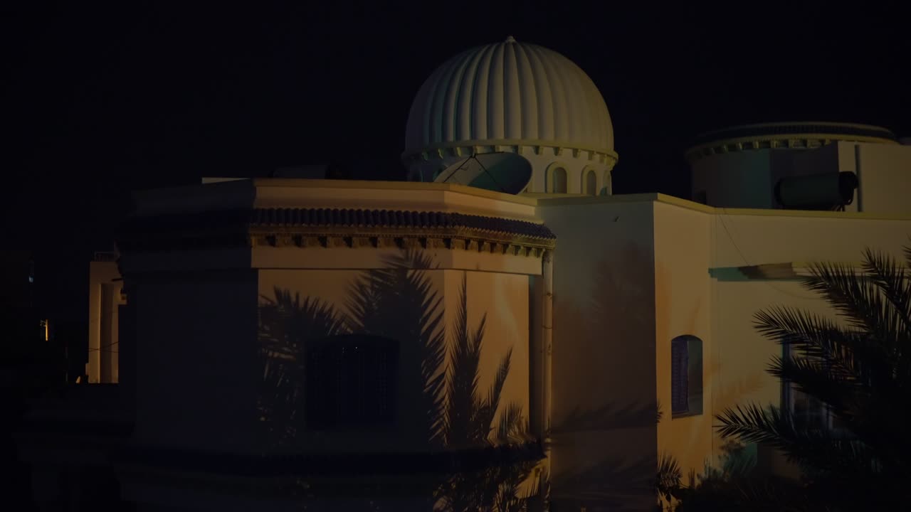 vista del edificio árabe por la noche. el viento sacude cerca de las palmeras en crecimiento. diseño árabe
