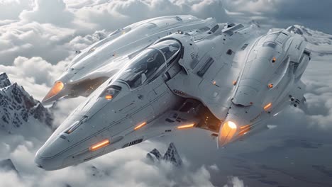 futuristic spaceship flying through mountain clouds