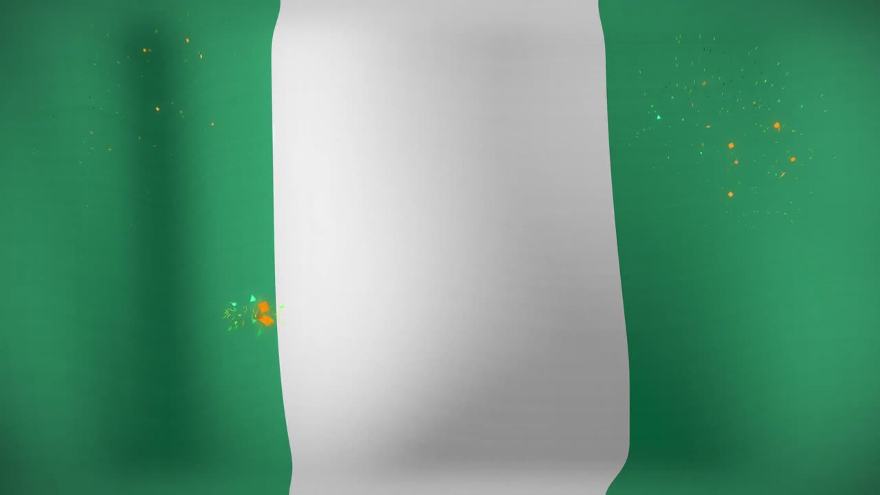 animación de fuegos artificiales multicolores sobre la bandera de nigeria en el fondo