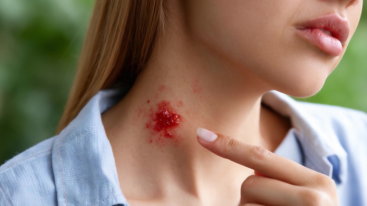 Close-Up of Infected Skin Condition on Neck with Red, Inflamed Lesion, Emphasizing Awareness of Dermatological Issues and Skin Health Concerns