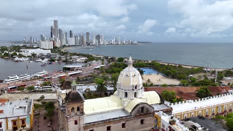 cartagena, colombia. drone shot of santuario de san pedro claver church and bocagrande hotels