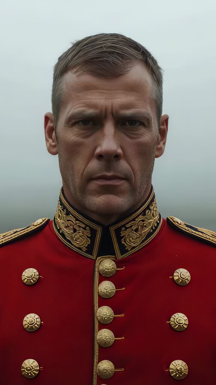 Vertical video: Standing officer shifting head front to side and back on fog plain, ceremonial coat