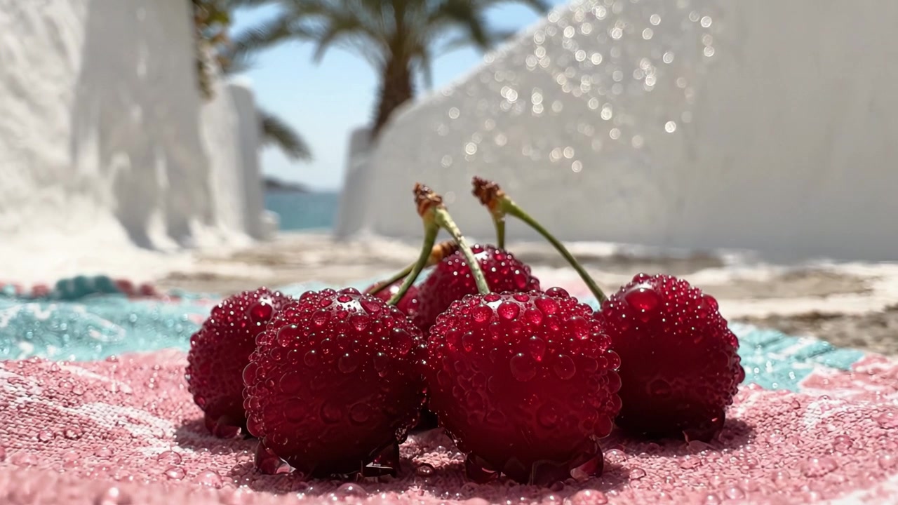 A Close-Up of Fresh, Glistening Cherries with Dewdrops on a Colorful Towel Amidst a Scenic Outdoor Background Featuring White Walls and Palm Trees