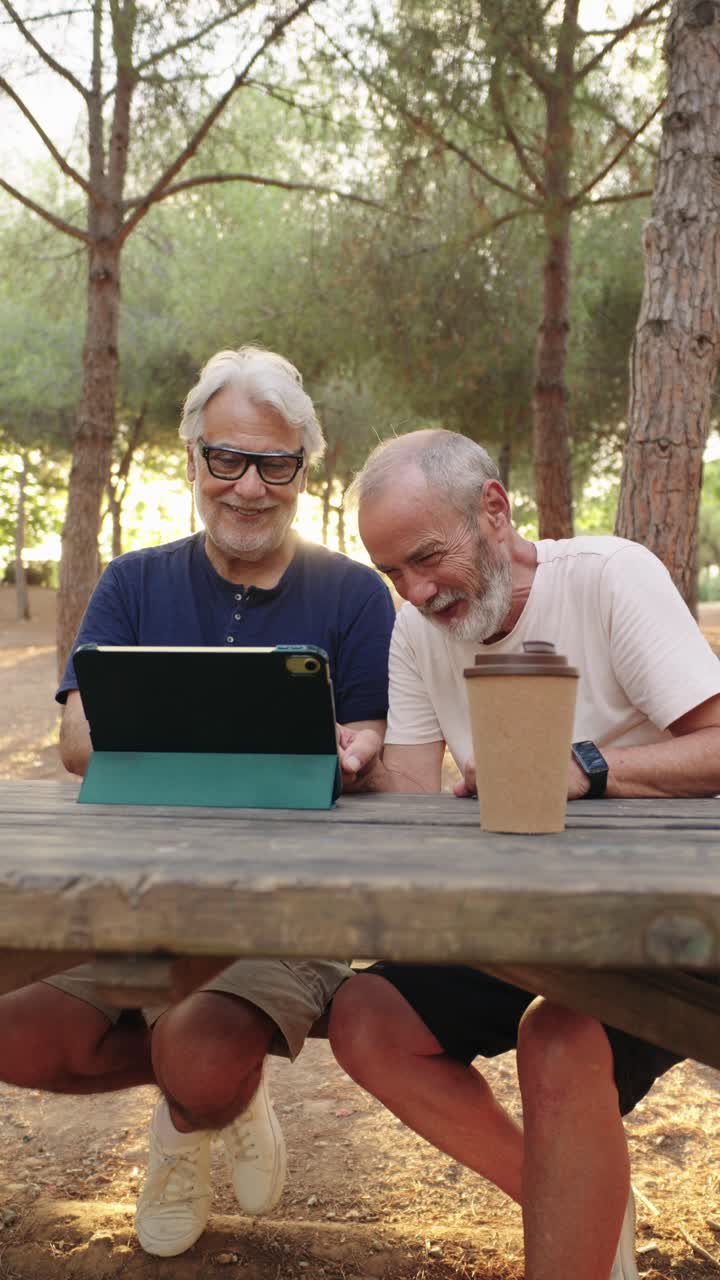 Due uomini anziani utilizzano un tablet a un tavolo da picnic
