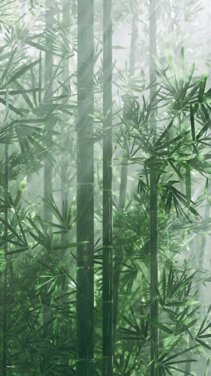 Una foresta di bambù immersa nella nebbia crea un'atmosfera serena e tranquilla
