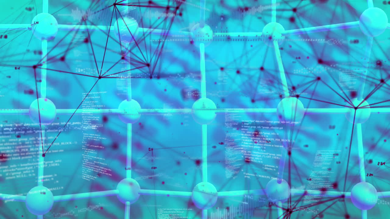 animación de puntos conectados que forman formas geométricas, hélices de adn, patrón de red en fondo azul.