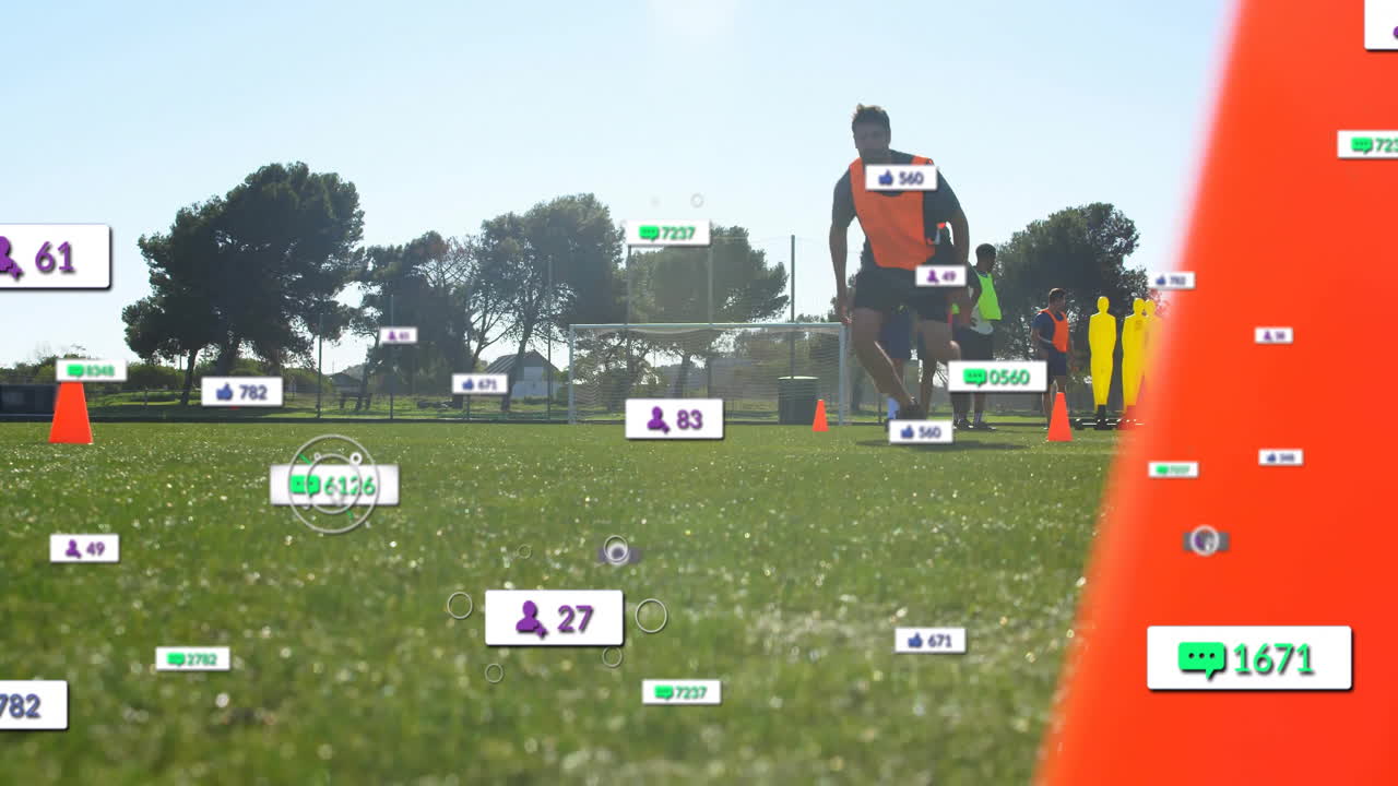 Training on field, soccer player using animation with data analytics metrics