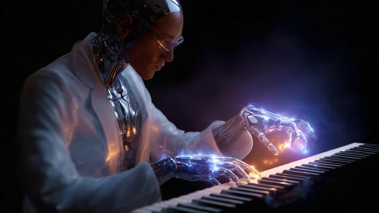 A stunning robotic figure playing a piano, showcasing the fusion of technology and artistry with illuminated robotic hands creating beautiful music in a dark setting