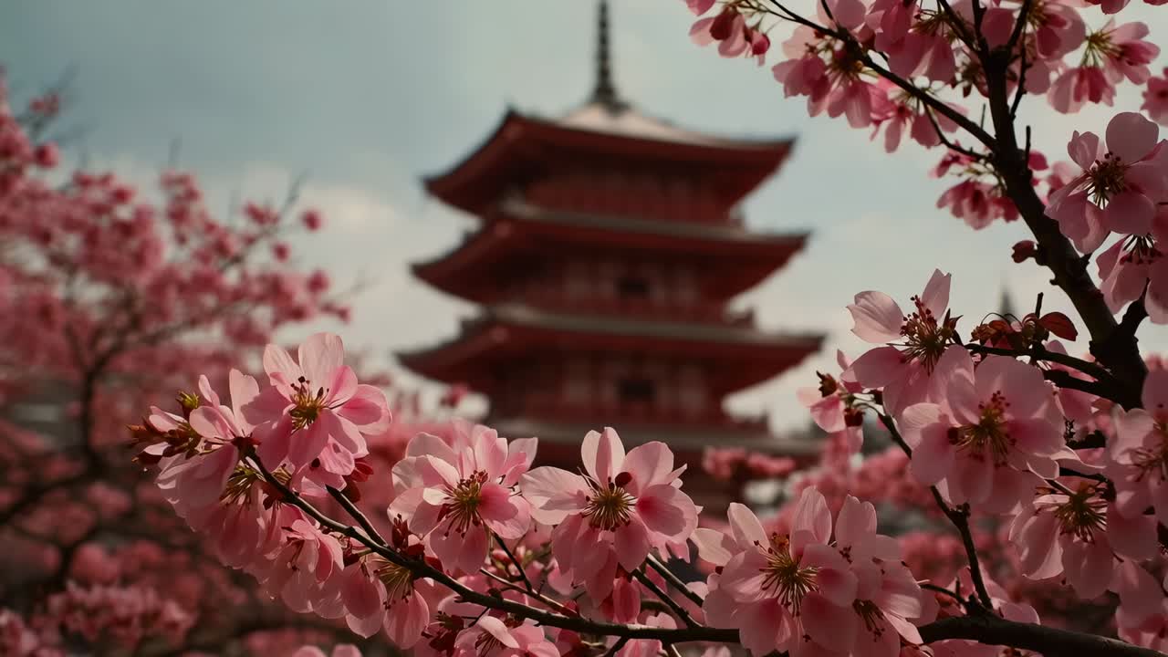 Allontanamento della camera, rivelando una pagoda rossa che entra a fuoco nel giardino del tempio, con fiori rosa che fanno da cornice