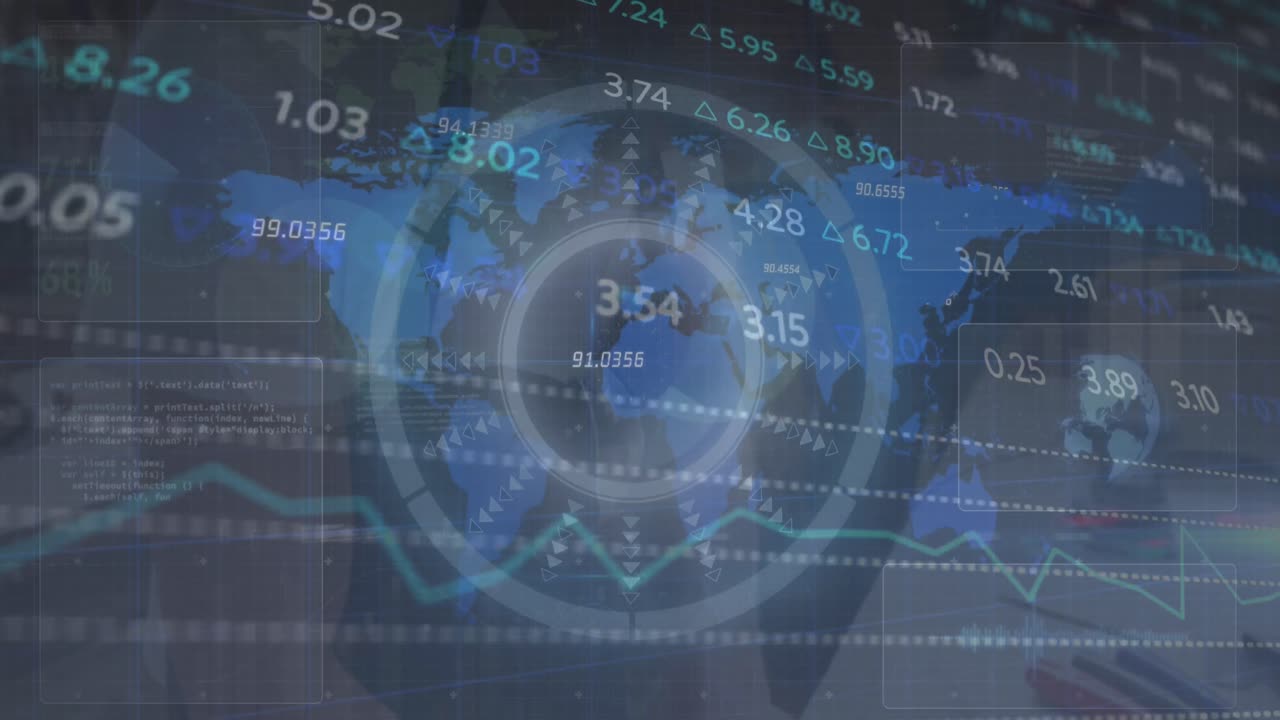 파란색 세계 지도 위의 아이콘과 연결 네트워크와 함께 범위 스캔의 애니메이션