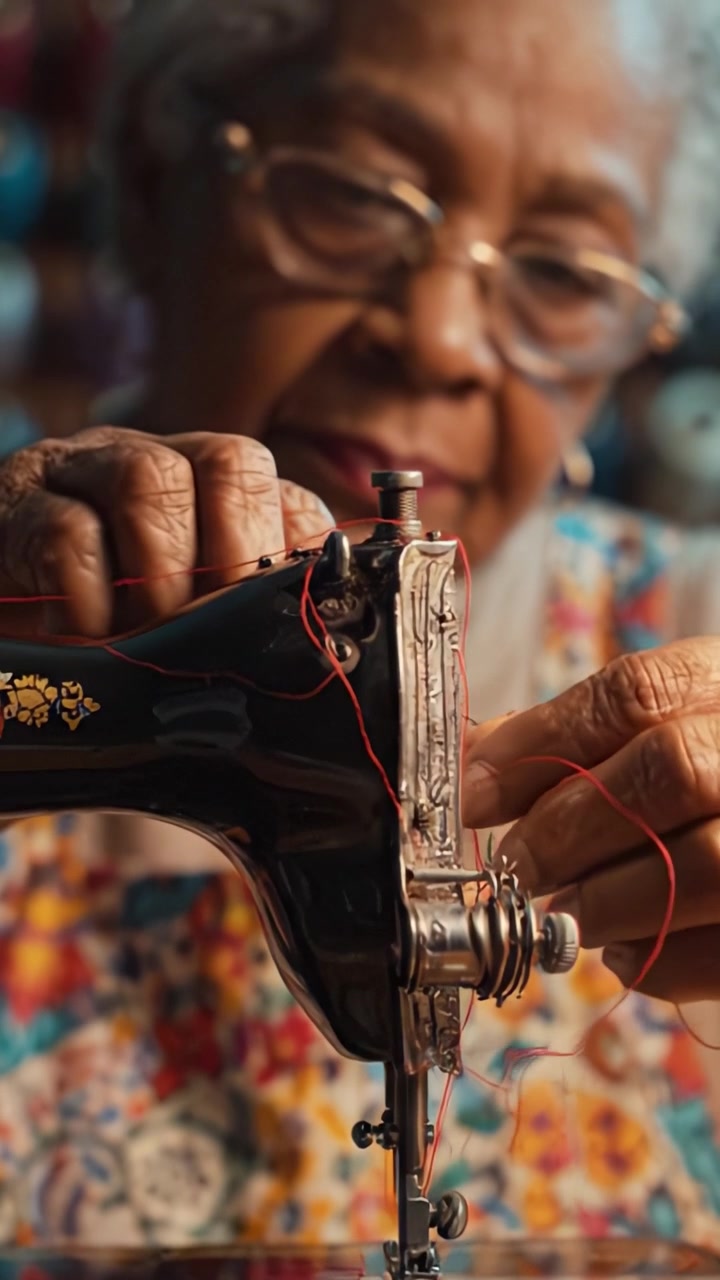 Uma Costureira Habilidosa Dedicada ao Ofício com uma Máquina de Costura Vintage, Exibindo a Arte e a Dedicação do Trabalho Têxtil Tradicional.