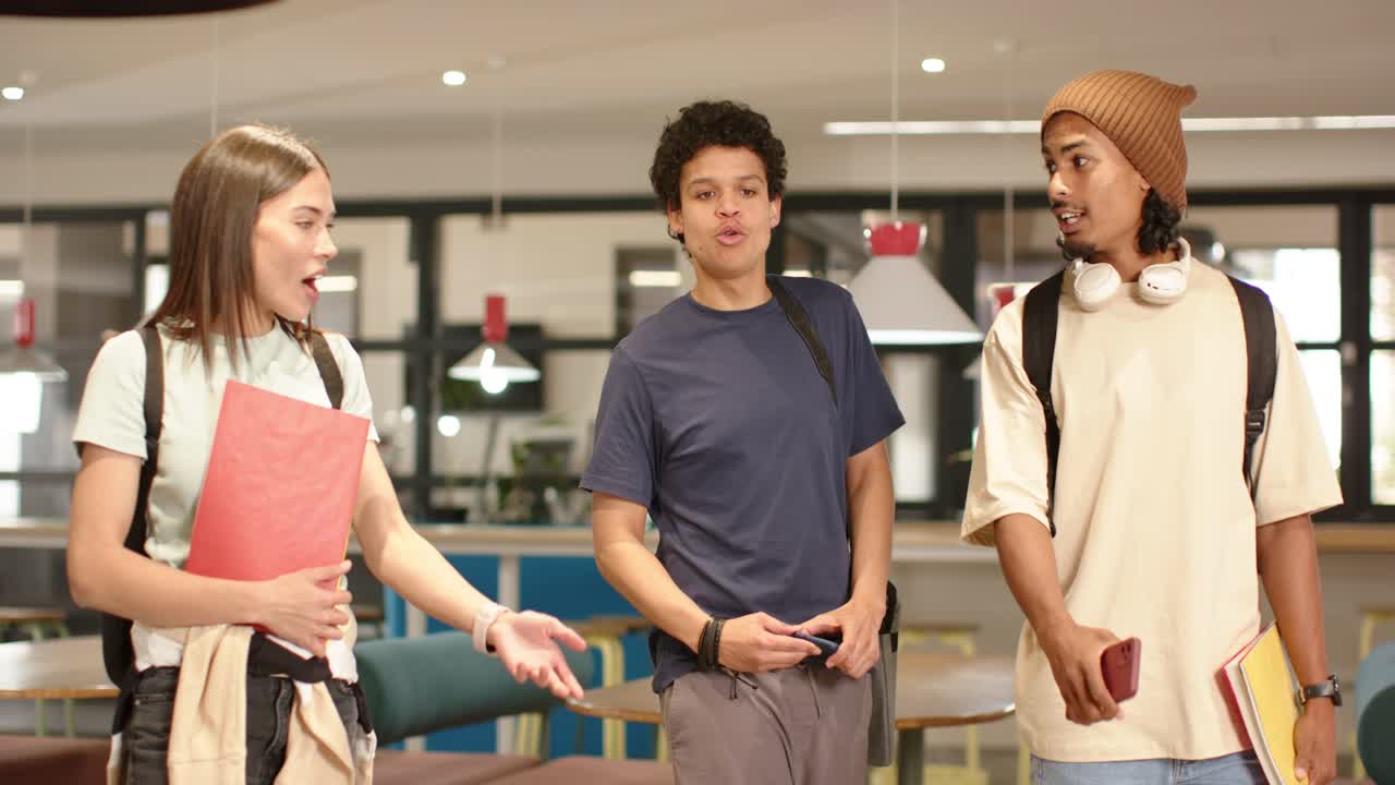 African American students entering from left, walking, discussing project in lounge with red folder