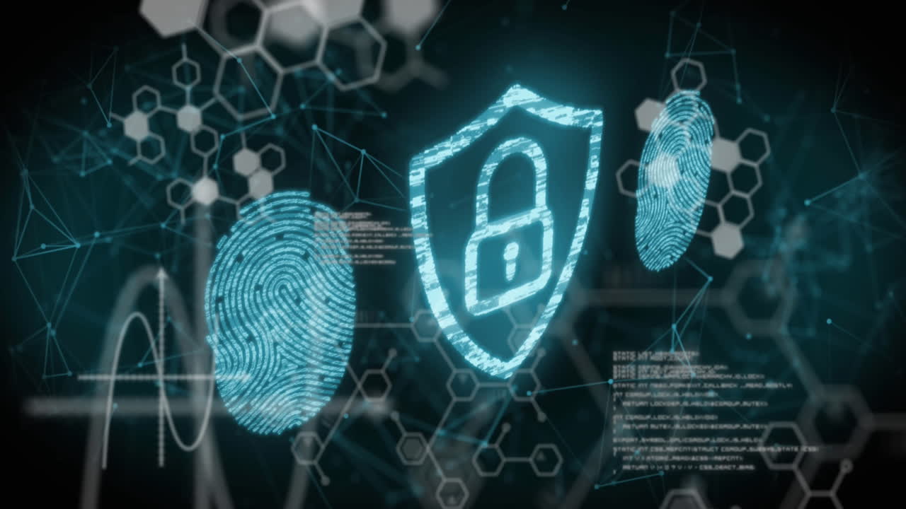 animación de huellas dactilares biométricas y candado de seguridad en línea sobre el procesamiento de datos