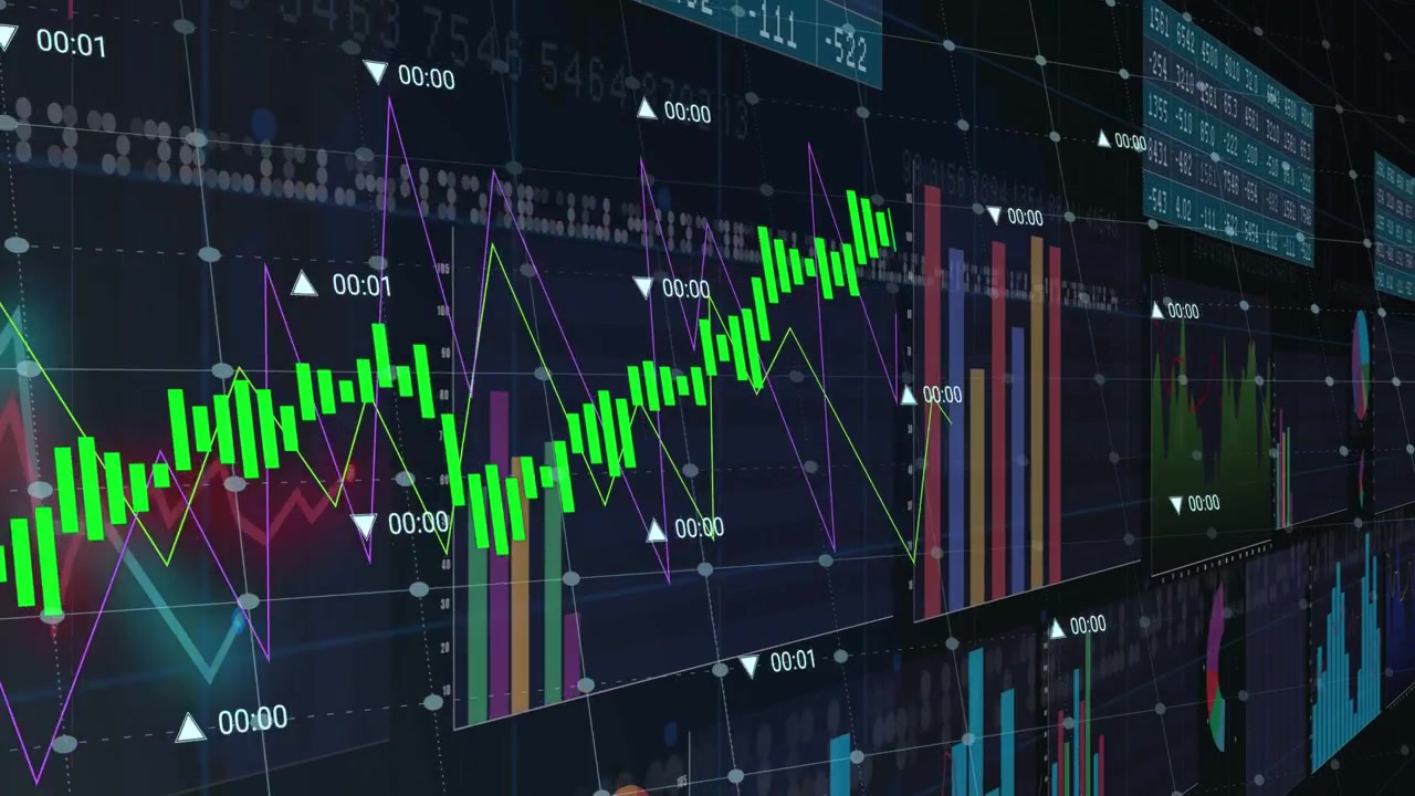 Panoramica della telecamera su una dashboard 3D, un trend verde in calo e poi in aumento, con grafici di mercato in aggiornamento.