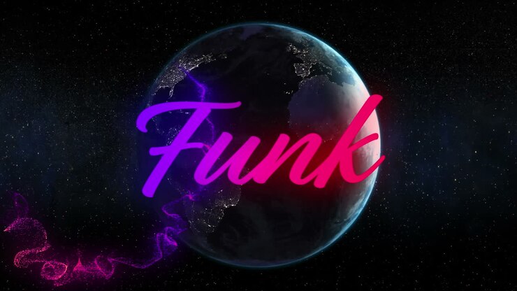 Animazione di testo neon "funk" su un globo su sfondo nero