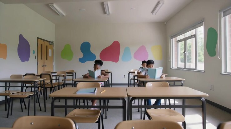 Tre studenti leggono, tenendo libri blu e sfogliando le pagine, mentre la telecamera si avvicina durante la lezione