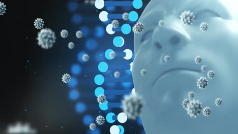 Animation-Fallender-Zellen-Und-DNA-Strang-über-Menschlichem-Kopf-3D-Modell-Auf-Dunklem-Hintergrund