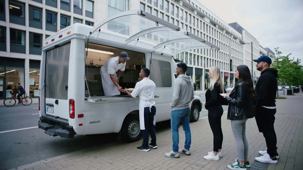 Venditore di food truck bianco che serve e passa vassoi al marciapiede, assistente in grembiule bianco sollecitato dalla coda