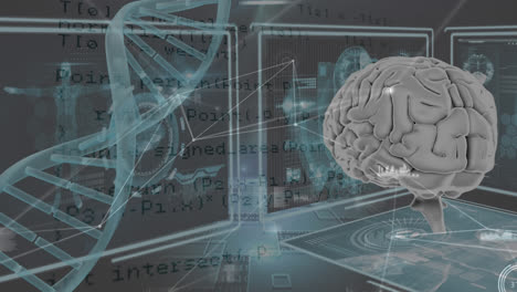 Animation-Wissenschaftlicher-Daten-Auf-Bildschirmen,-DNA,-Gehirn-Und-Verbindungen-Auf-Schwarzem-Hintergrund