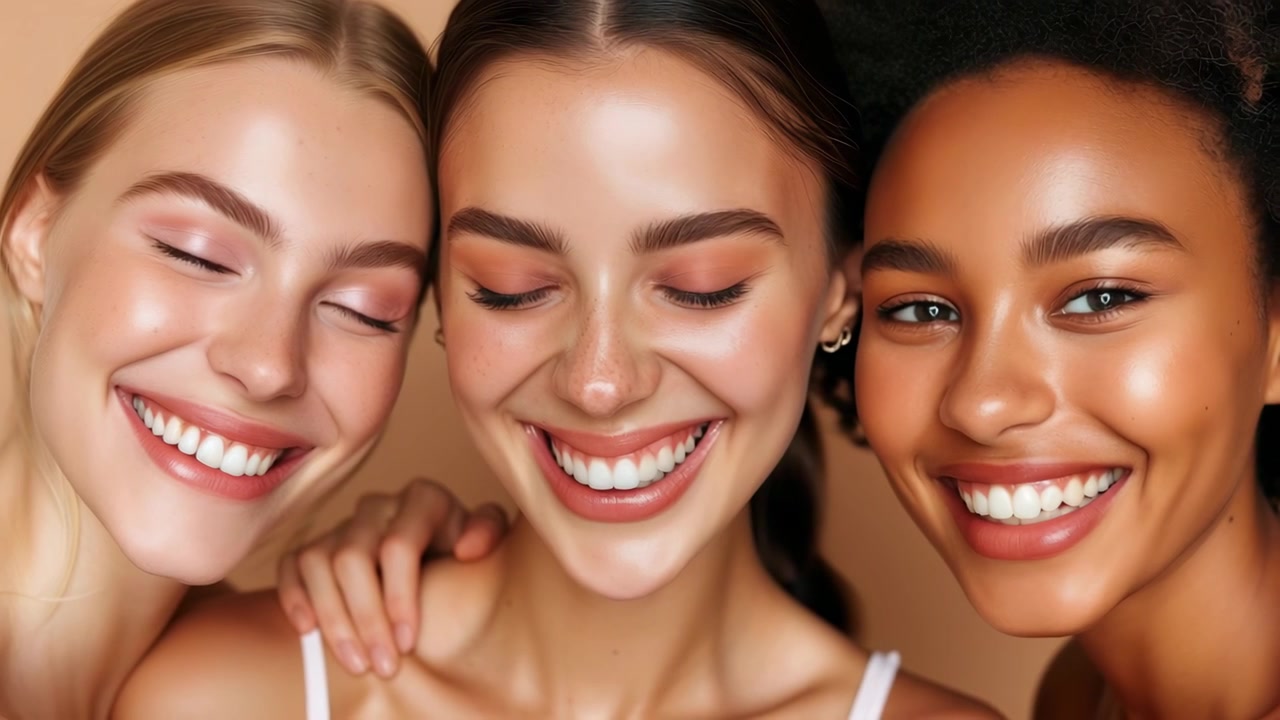 Primo piano di tre donne felici e diverse con sorrisi perfetti