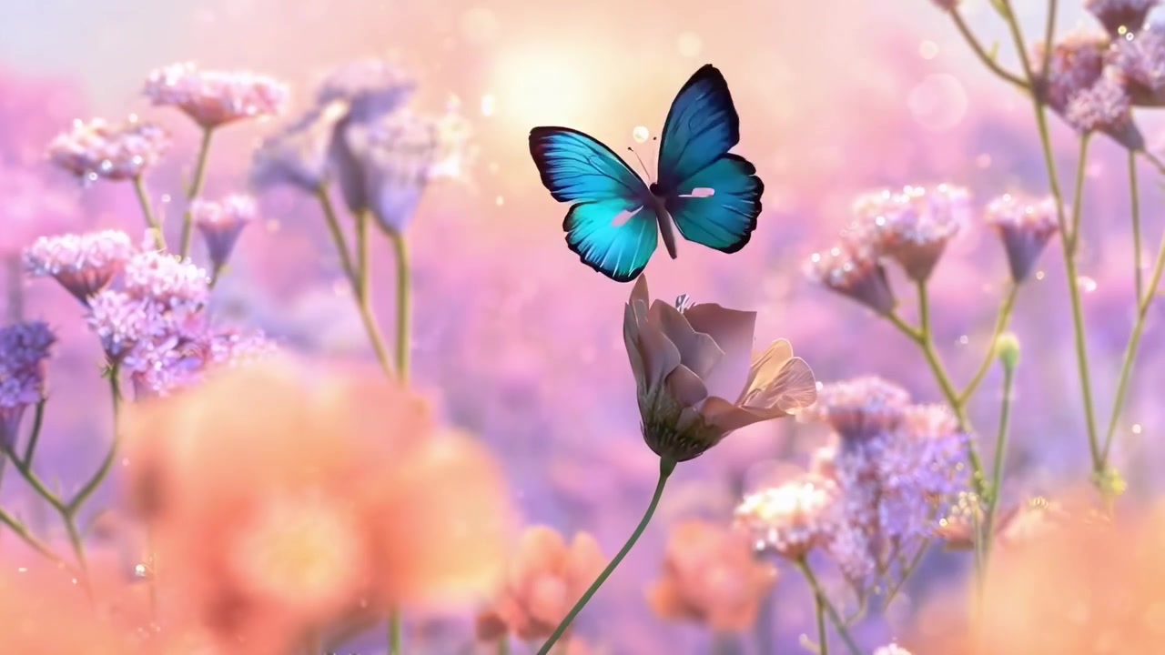 Blauer Schmetterling fliegt über ein Blumenfeld