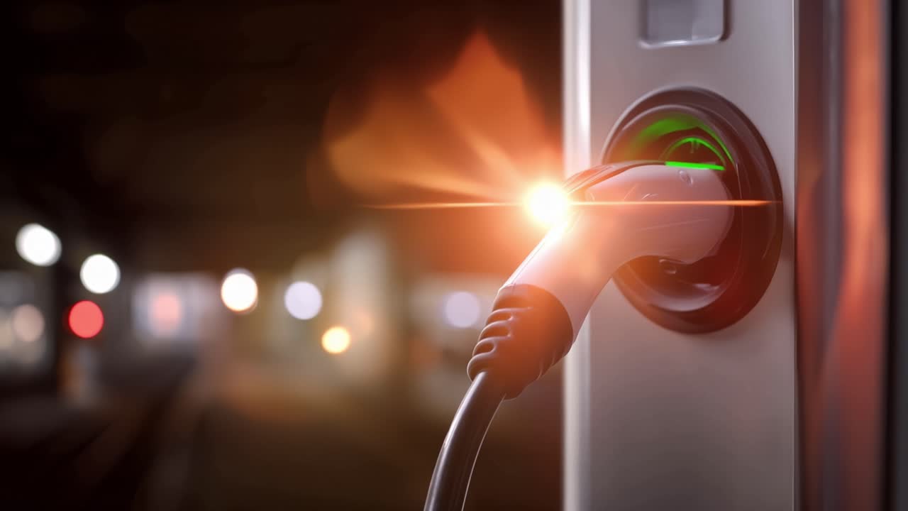 Electric Vehicle Charging at Night with Glowing Energy Effect