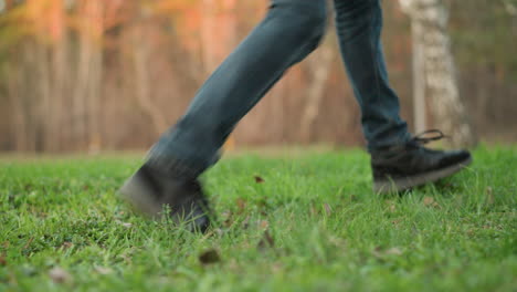 a close-up shot captures a man's legs in jeans and black shoes walking on lush green grass. the background shows a soft, blurred outdoor park setting with trees bathed in warm sunlight