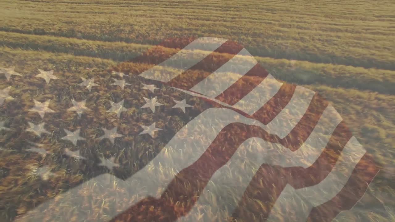 animación de la bandera de américa ondeando sobre un campo agrícola arado